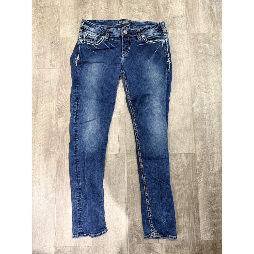 Silver Jeans Co Aiko FP Skinny Jeans Womens 30x31 Medium Wash Embroidered Flap